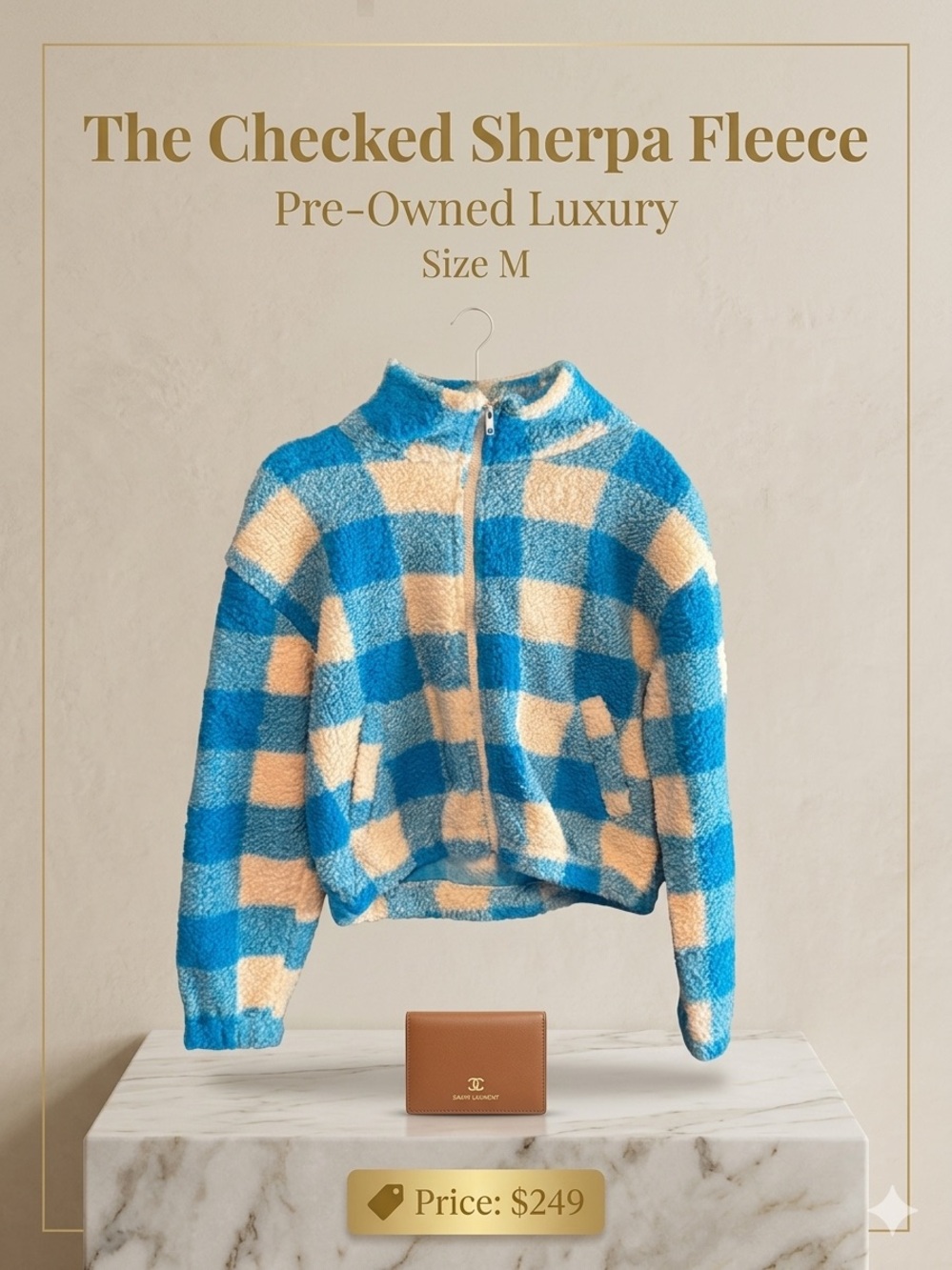 Blue & Cream Checkered Fuzzy Zip-Up Jacket